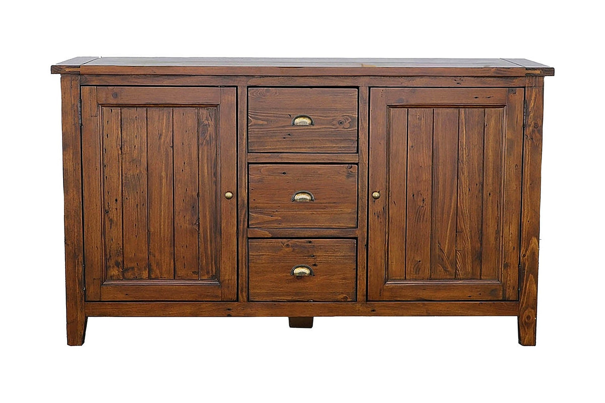 Novella reclaimed pine sideboard, front view with three drawers and two doors