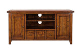Novella media console, front view showing cable holes behind the open shelves