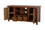 Novella media console with doors open and drawers pulled out to show storage