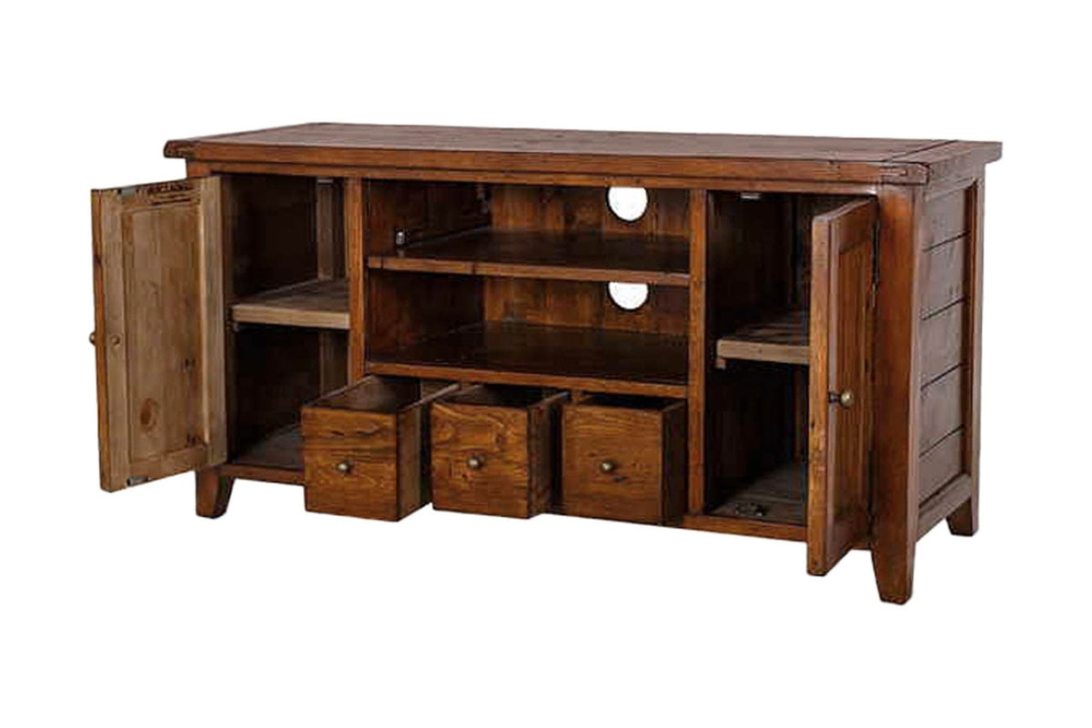 Novella media console with doors open and drawers pulled out to show storage