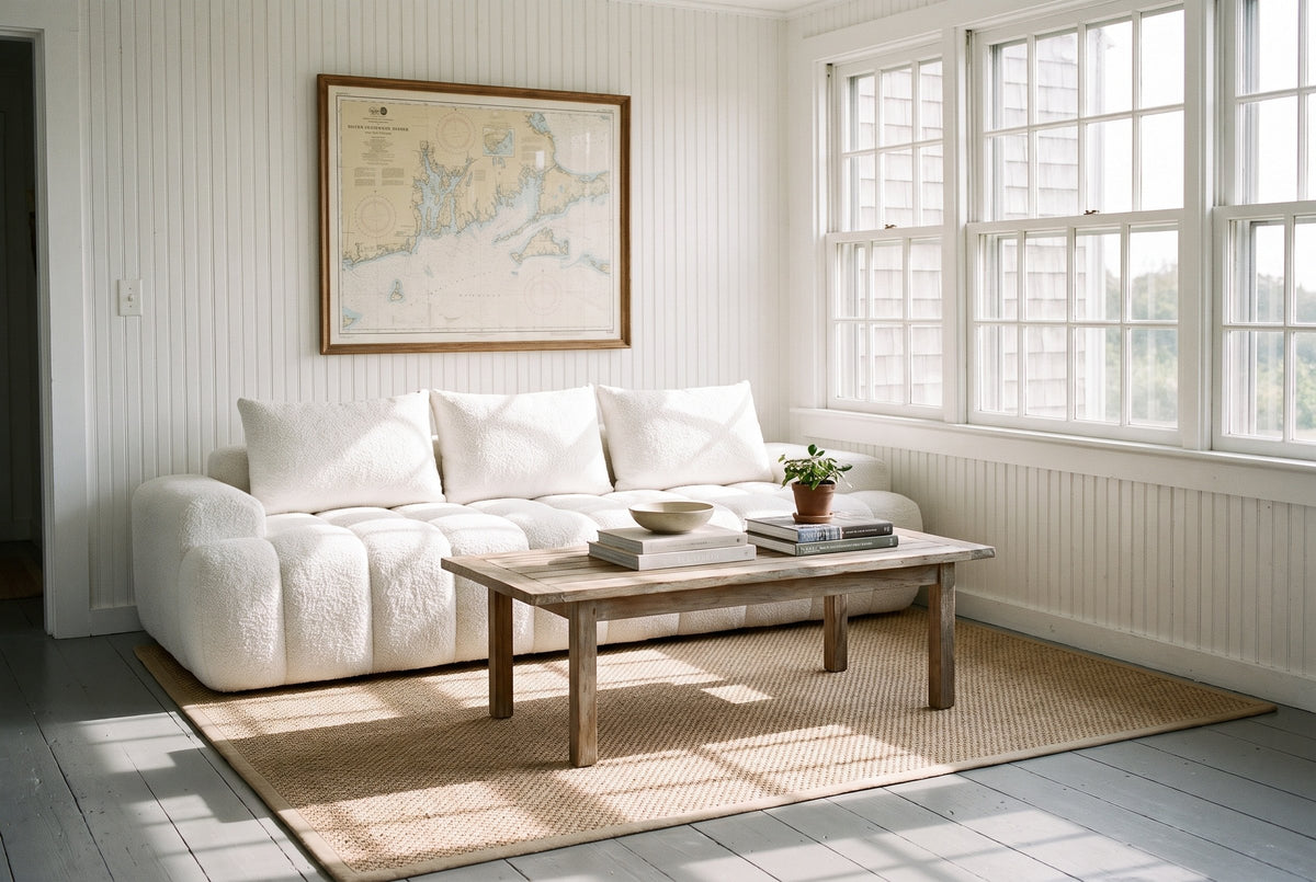 The Nuvola sofa in White in a Rhode Island farmhouse sunroom with beadboard walls and a sisal rug