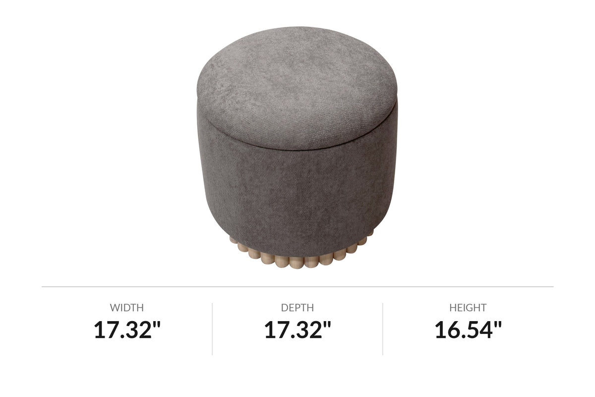 Nyla warm charcoal round storage ottoman with dimensions