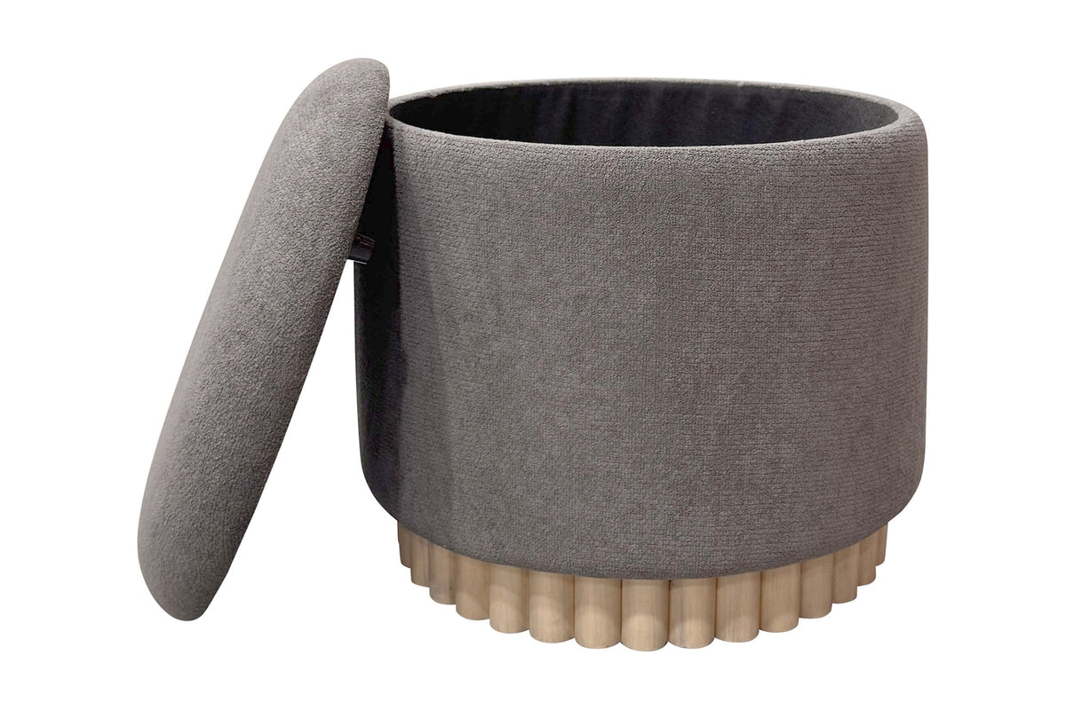 Nyla warm charcoal ottoman with the lid lifted off to show the storage inside