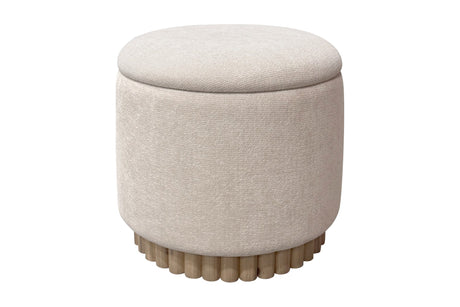 Nyla round storage ottoman in oat fabric on a reeded wood base, front view