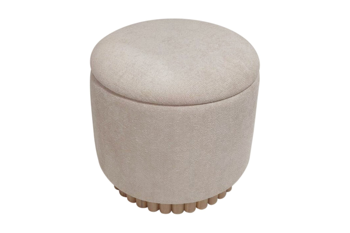 Nyla oat round storage ottoman, three-quarter view from above