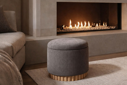 Nyla Fabric Round Storage Ottoman with Reeded Wood Base - Warm Charcoal or Oat