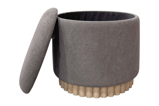 Nyla Fabric Round Storage Ottoman with Reeded Wood Base - Storage Inside