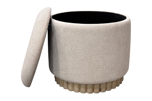 Nyla Fabric Round Storage Ottoman with Reeded Wood Base - Lift-Off Lid Storage