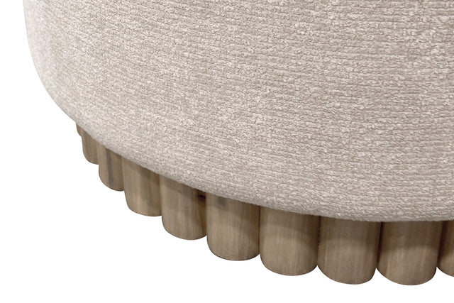 Nyla Fabric Round Storage Ottoman with Reeded Wood Base - Reeded Solid Wood Base
