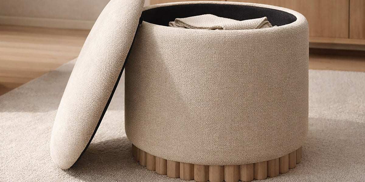 Nyla Fabric Round Storage Ottoman with Reeded Wood Base