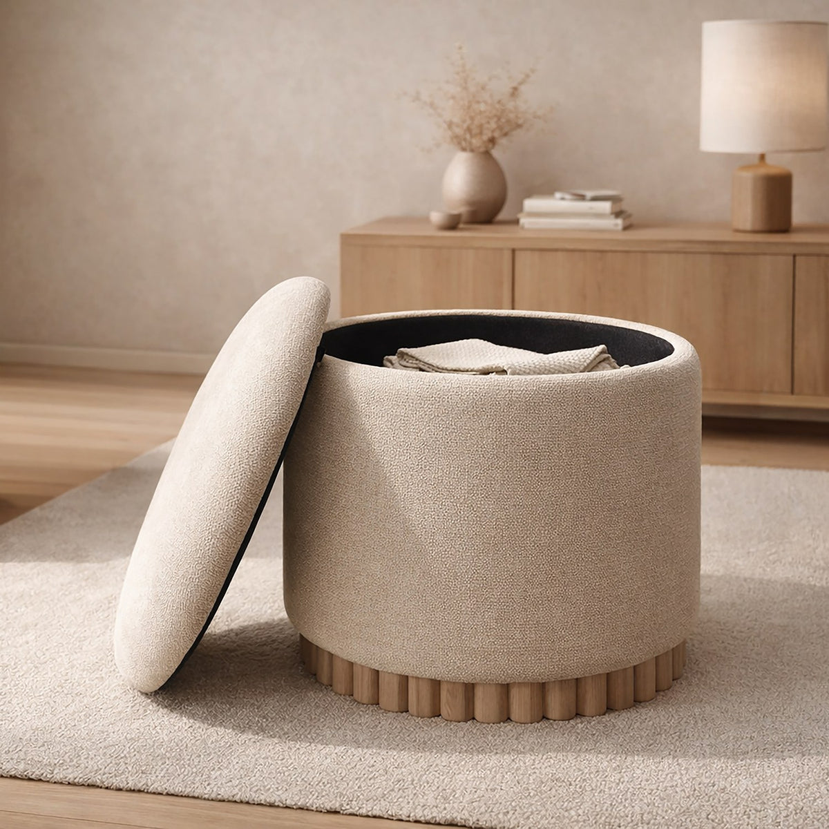 Nyla Fabric Round Storage Ottoman with Reeded Wood Base