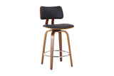 Oakes swivel counter stool in black faux leather with walnut bentwood frame, three-quarter view