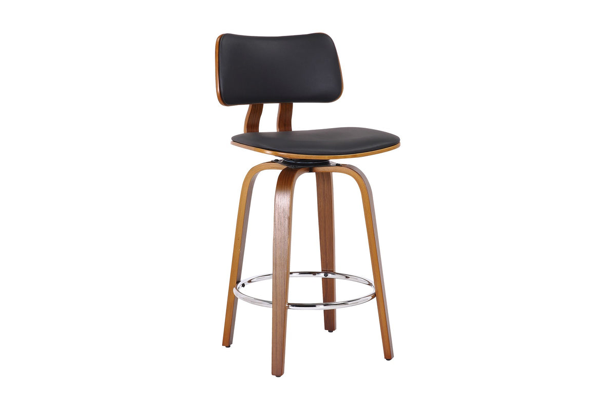 Oakes swivel counter stool in black faux leather with walnut bentwood frame, three-quarter view