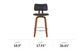 Oakes swivel counter stool in black faux leather, front view with dimensions