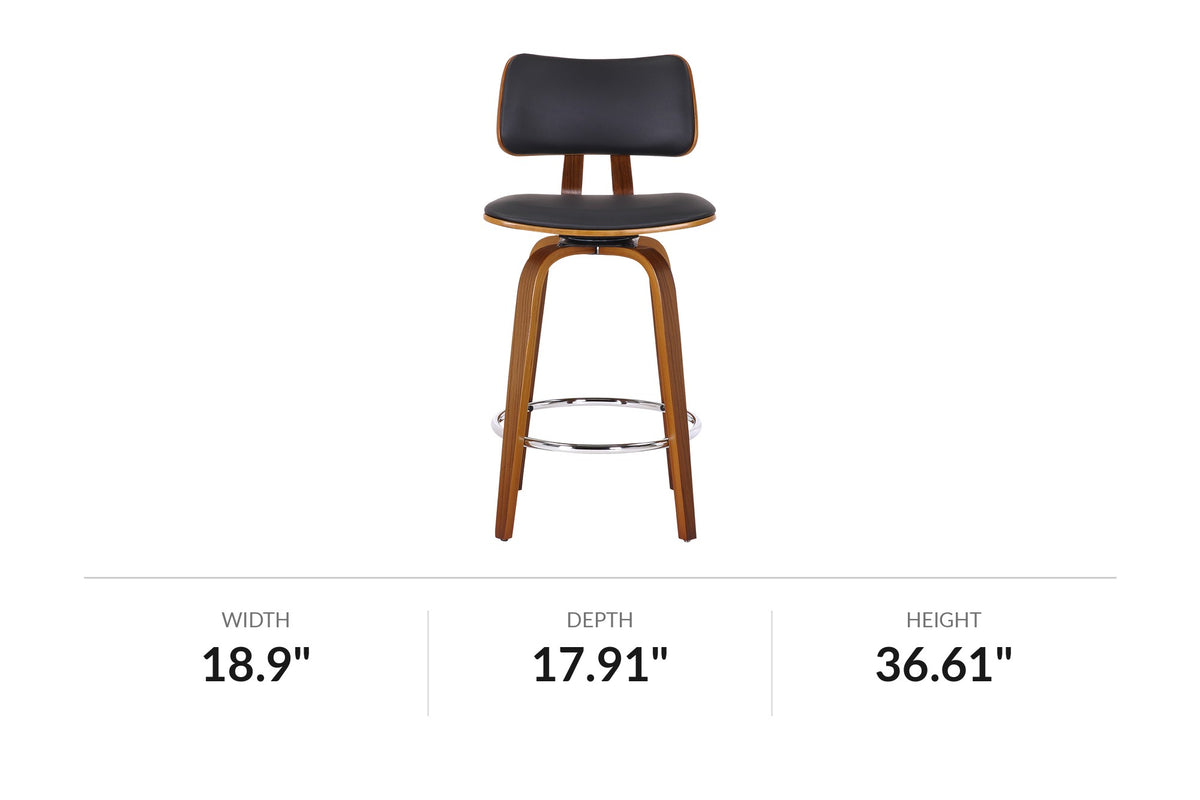Oakes swivel counter stool in black faux leather, front view with dimensions