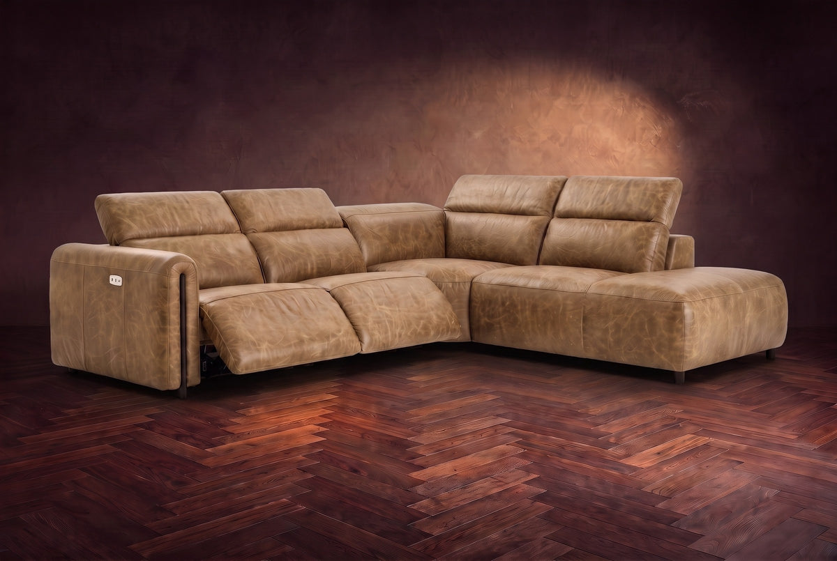 Octavia sectional in Washed Sand on a walnut herringbone floor, three-quarter view, both recliners open and the headrests raised, Right bumper.