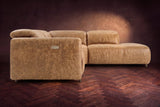 Octavia sectional in Washed Sand on a walnut herringbone floor, seen from the arm end, footrests closed, Right bumper.