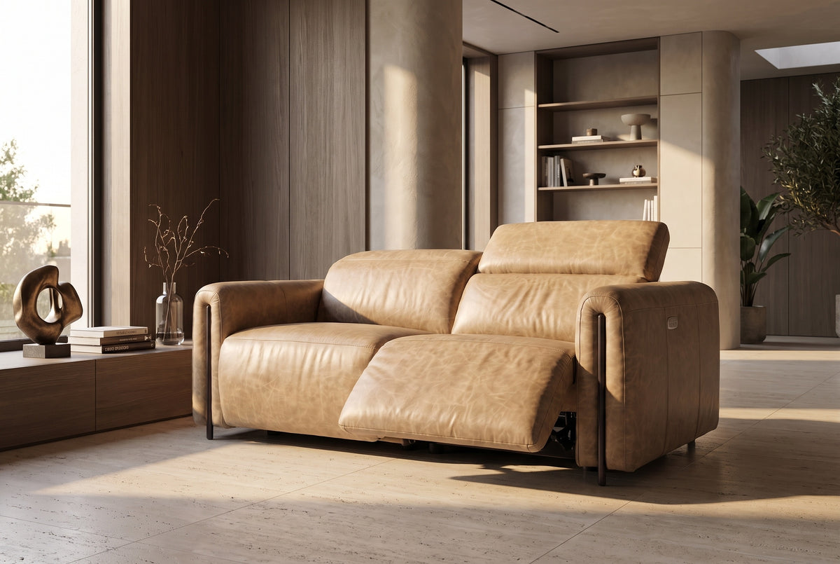 Octavia Distressed Italian Aniline Leather Dual Reclining Sofa