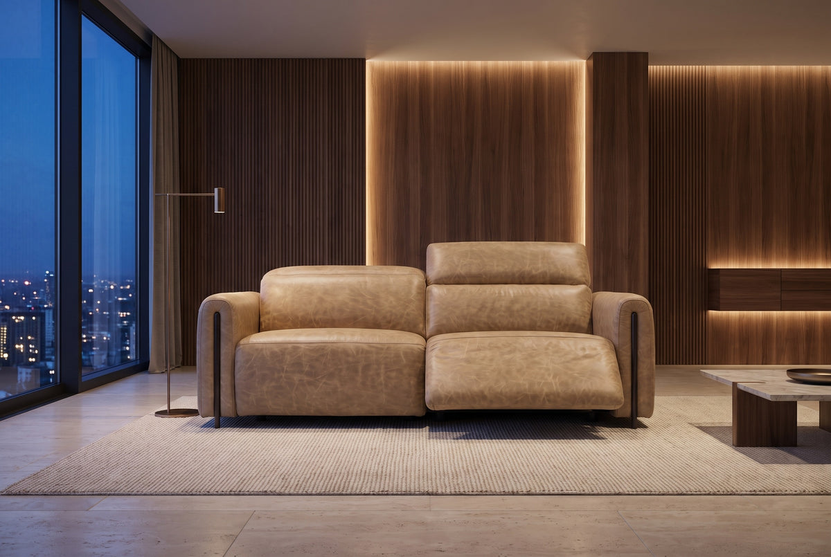 Octavia Distressed Italian Aniline Leather Dual Reclining Sofa