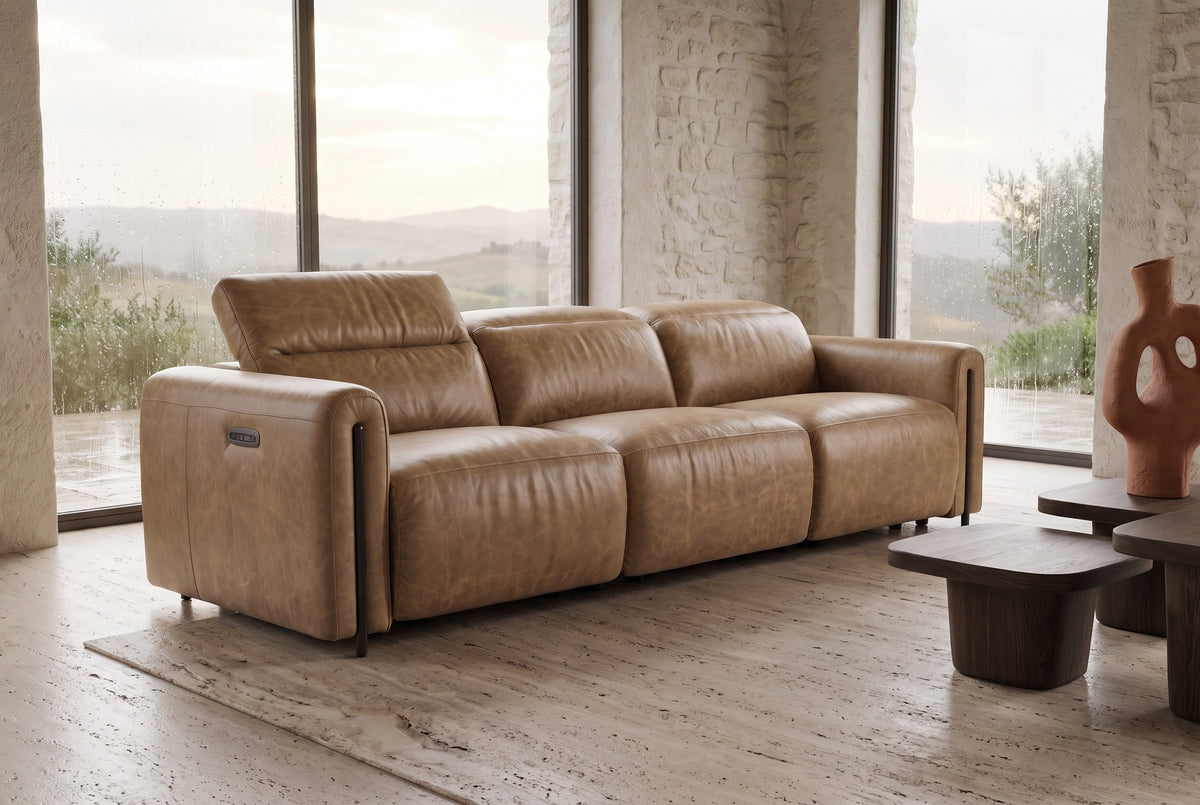 Octavia Distressed Italian Aniline Leather Dual Reclining Sofa