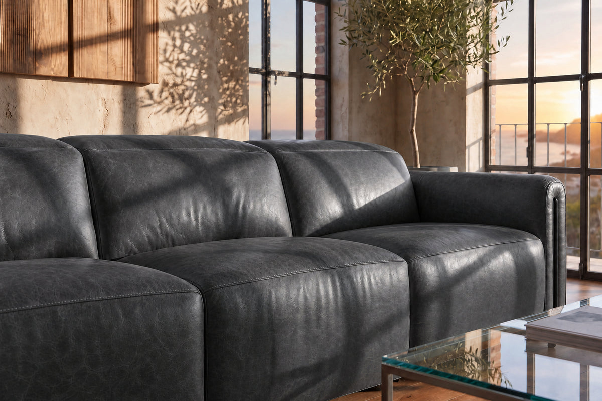 Octavia Distressed Italian Aniline Leather Dual Reclining Sofa