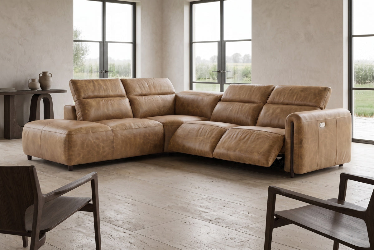 Octavia Distressed Italian Aniline Leather Reclining Corner Sectional Sofa