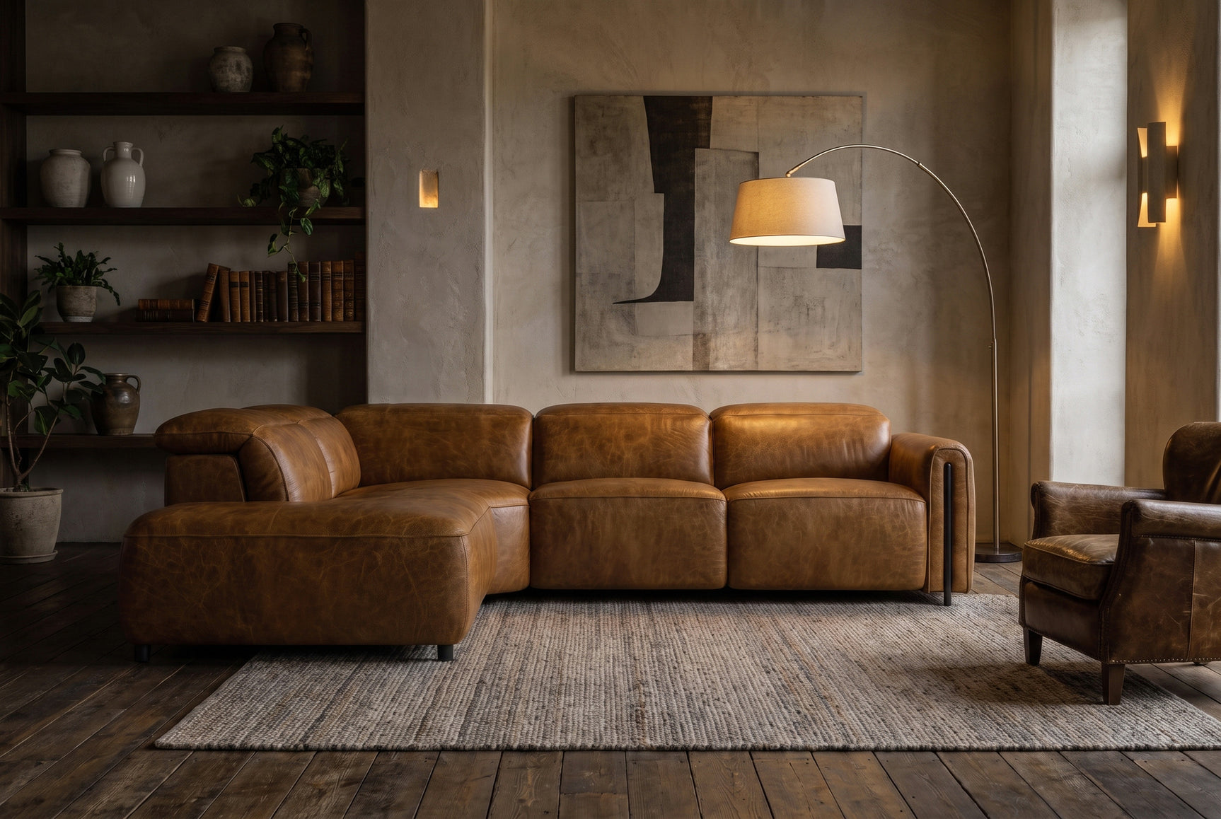 Octavia Distressed Italian Aniline Leather Reclining Corner Sectional Sofa