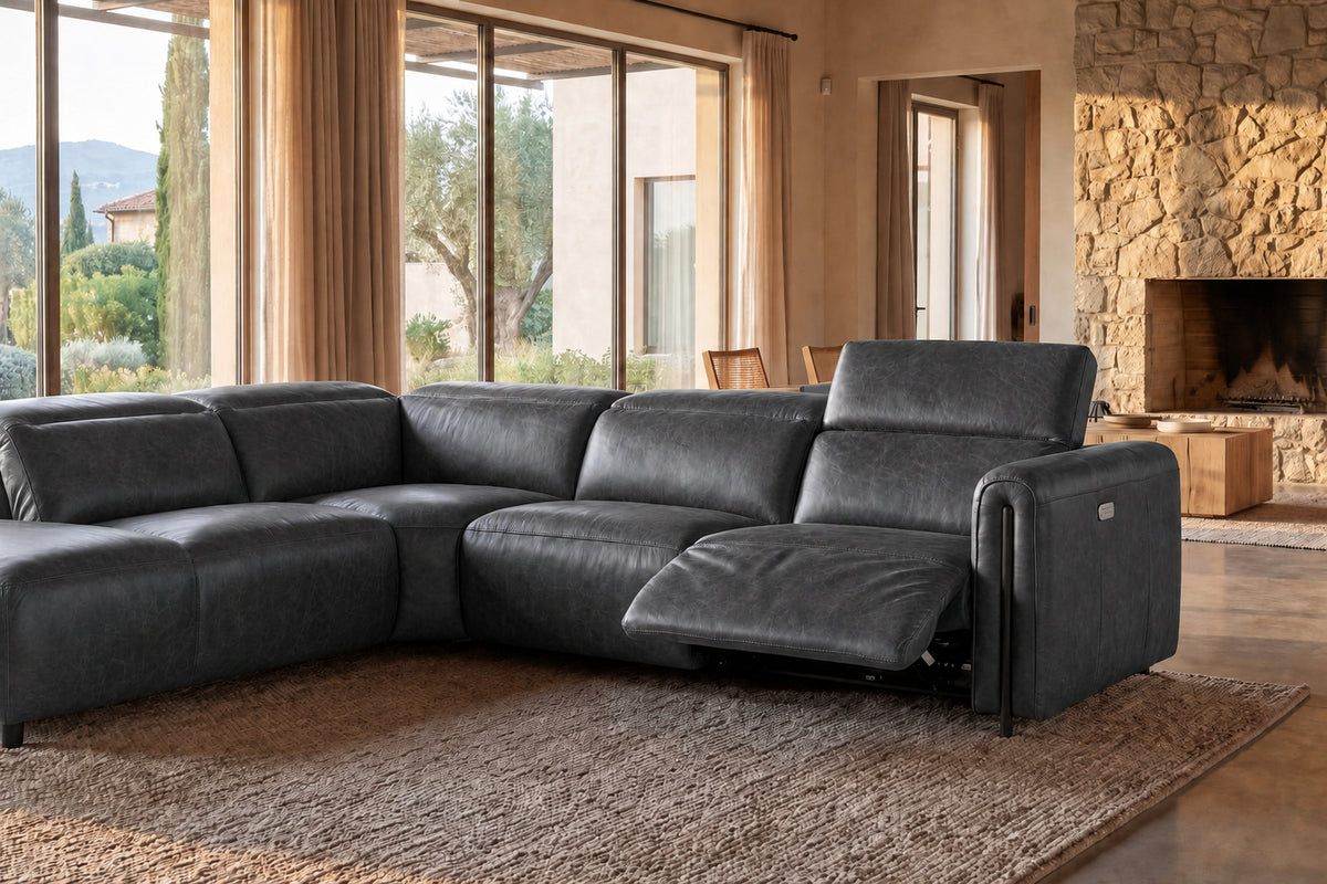 Octavia Distressed Italian Aniline Leather Reclining Corner Sectional Sofa