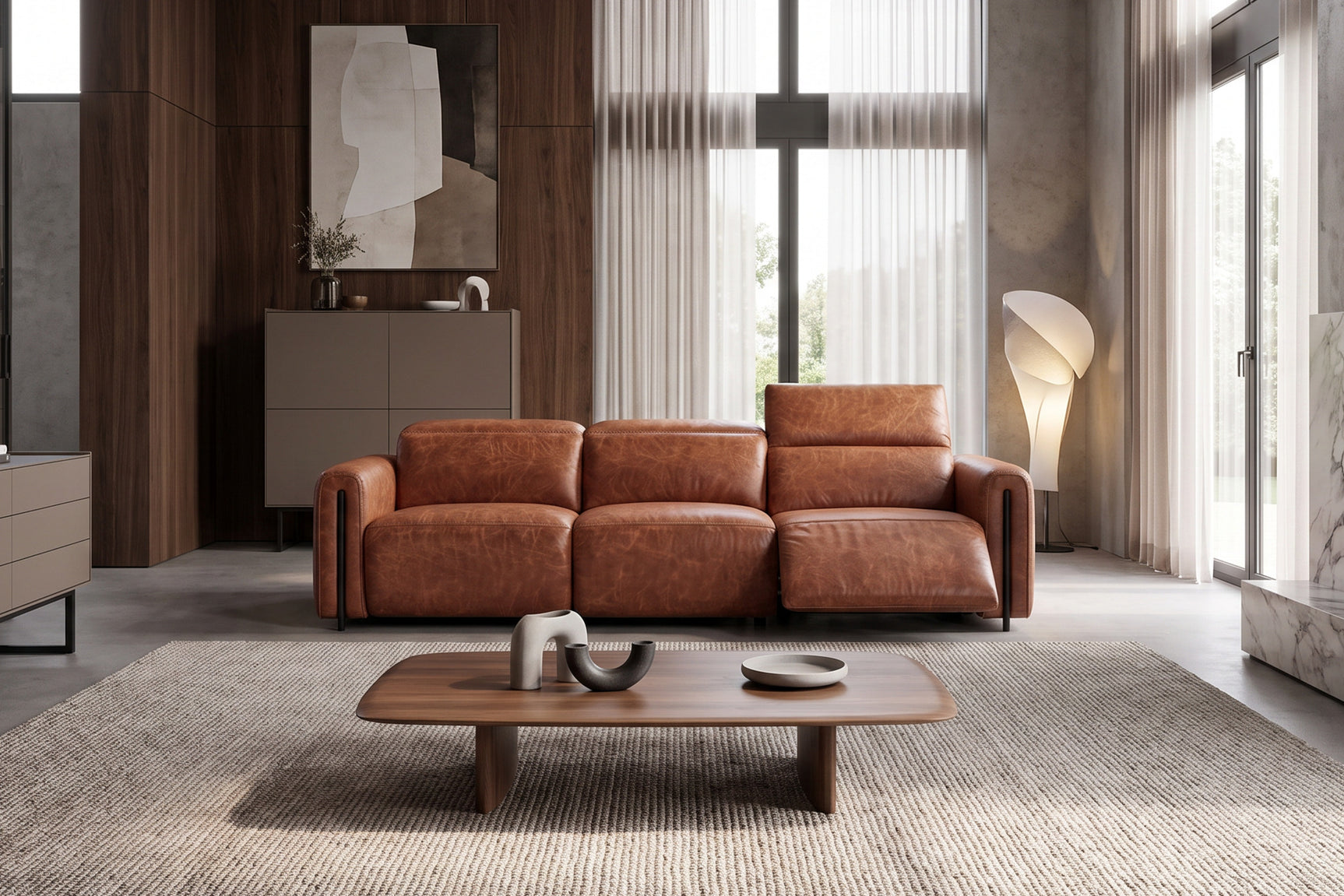 Octavia Distressed Italian Aniline Leather Dual Reclining Sofa