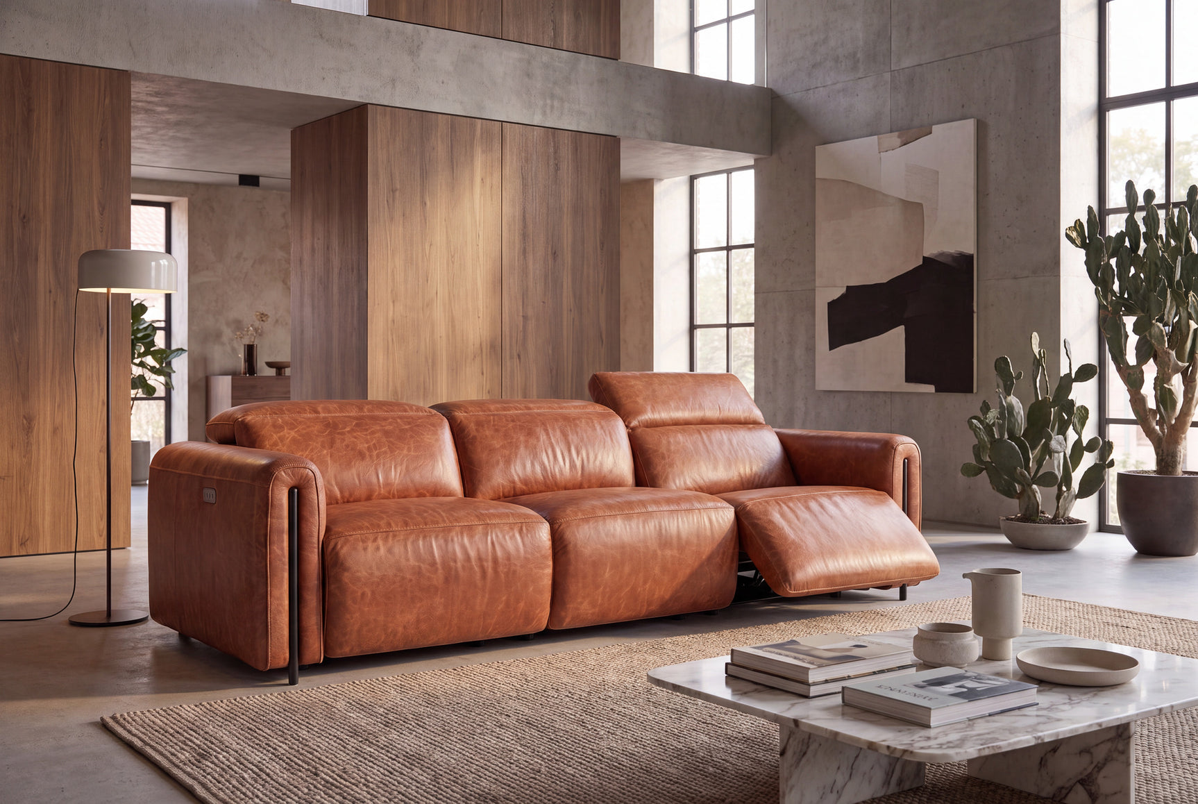 Octavia Distressed Italian Aniline Leather Dual Reclining Sofa