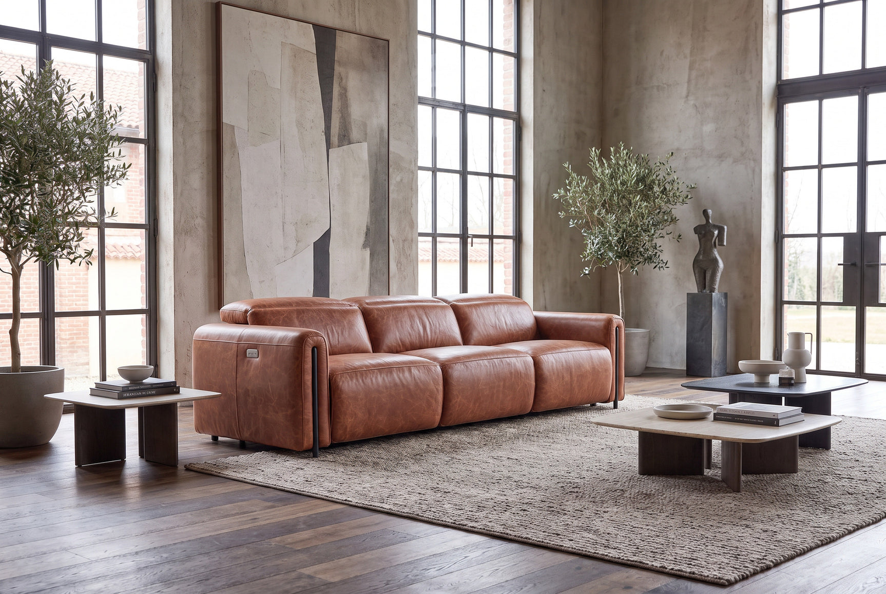 Octavia Distressed Italian Aniline Leather Dual Reclining Sofa