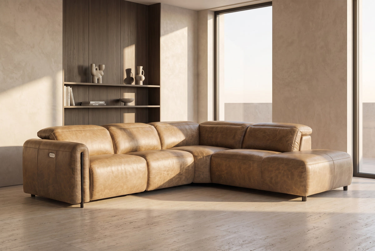 Octavia Distressed Italian Aniline Leather Reclining Corner Sectional Sofa
