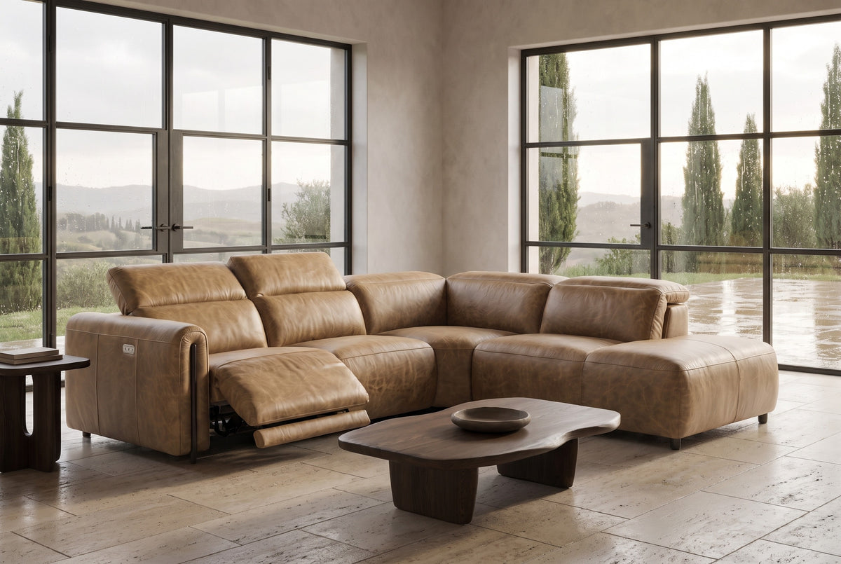 Octavia Distressed Italian Aniline Leather Reclining Corner Sectional Sofa
