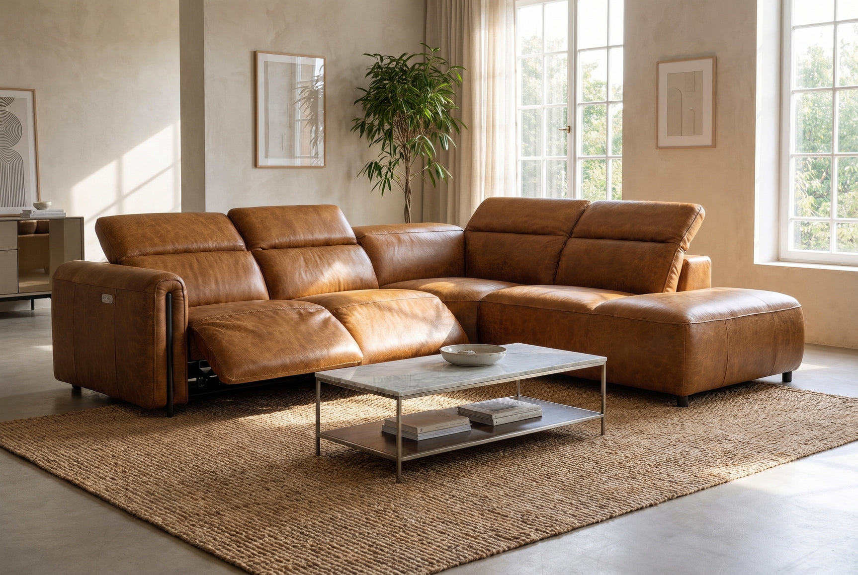 Octavia Distressed Italian Aniline Leather Reclining Corner Sectional Sofa