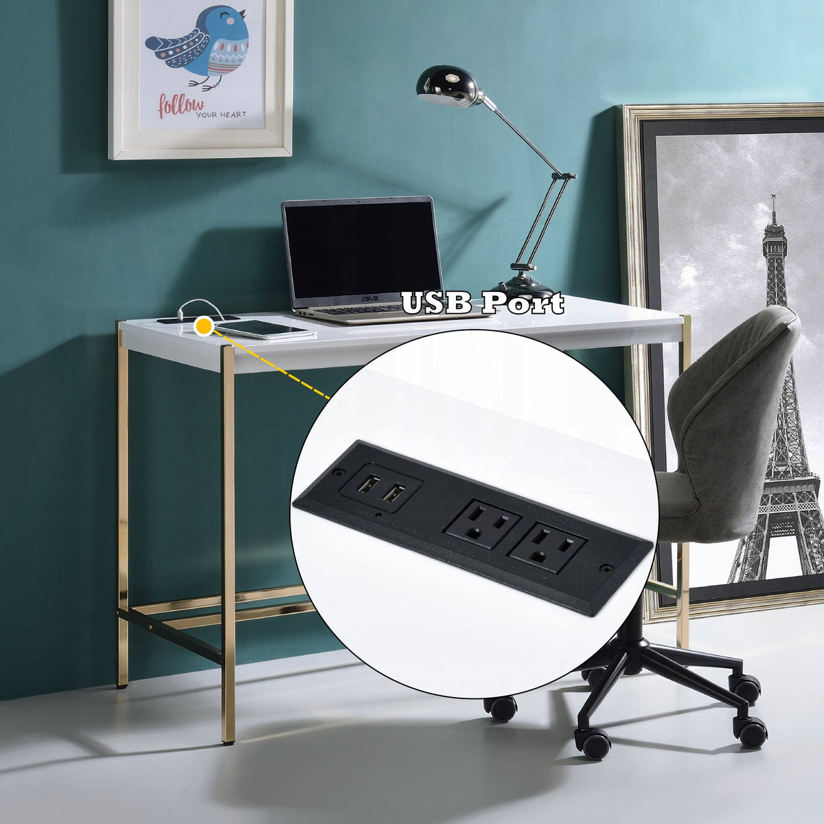 Lunar Elegant Multi-Purpose Desk w/USB Port - White/Gold