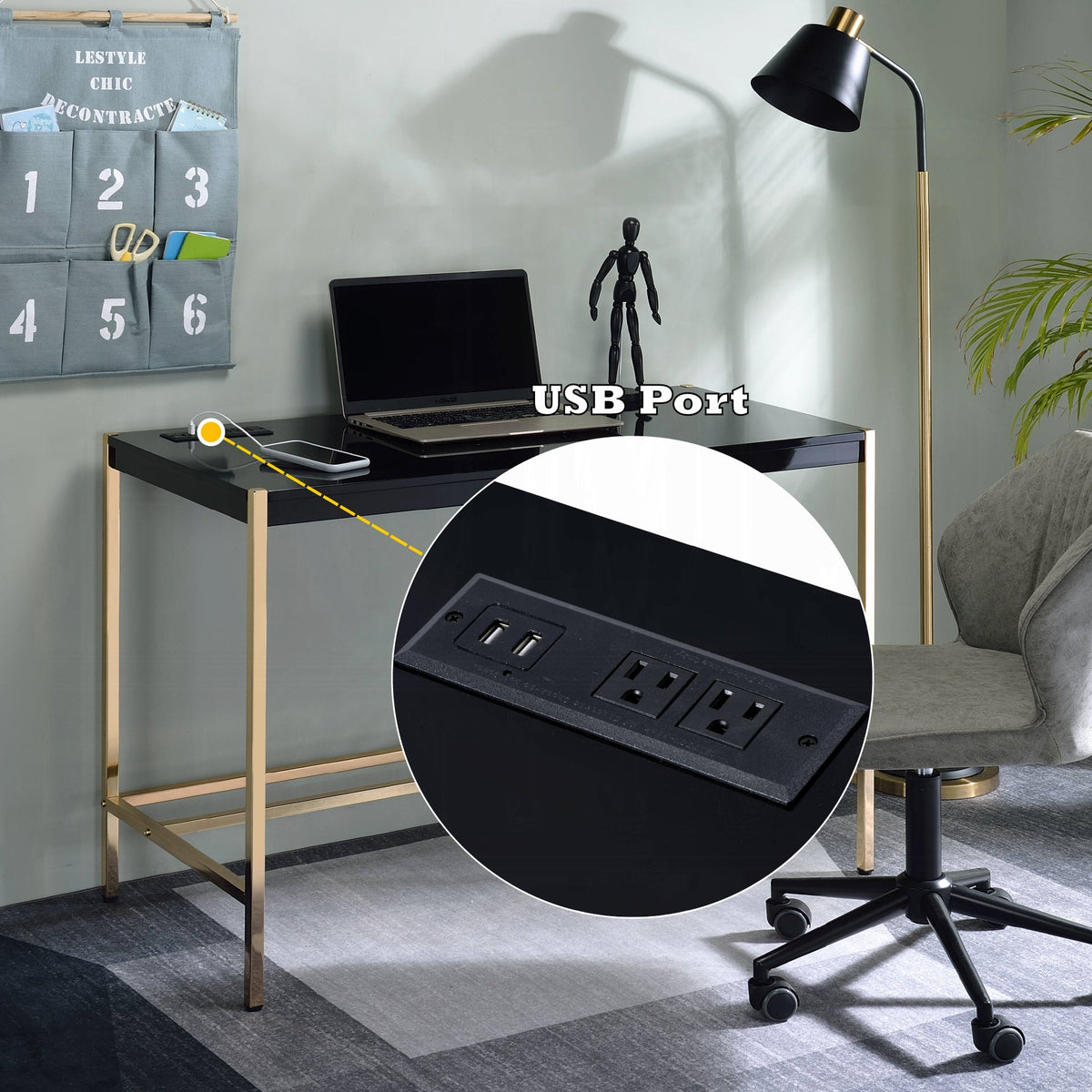 Lunar Elegant Multi-Purpose Desk w/USB Port - Black/Gold