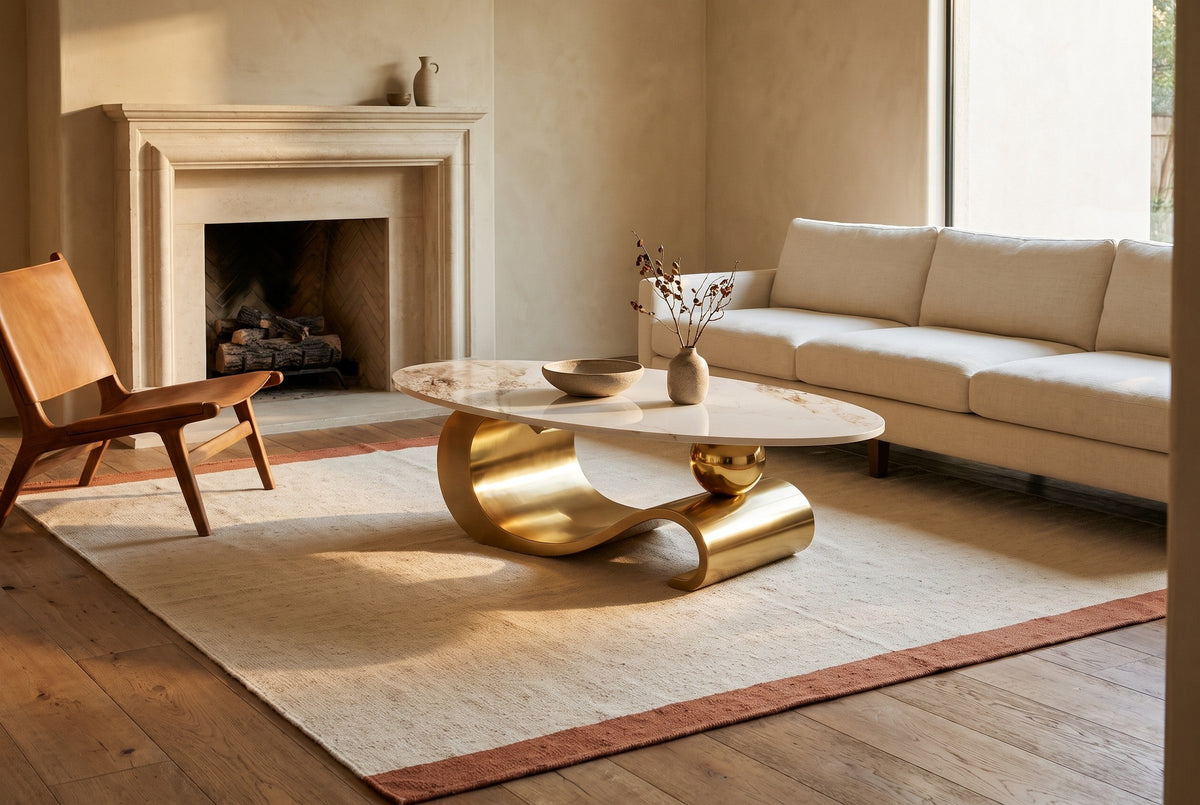 The Ondina coffee table in Gold on an ivory rug with a terracotta border in front of a cream linen sofa, beside a limestone fireplace