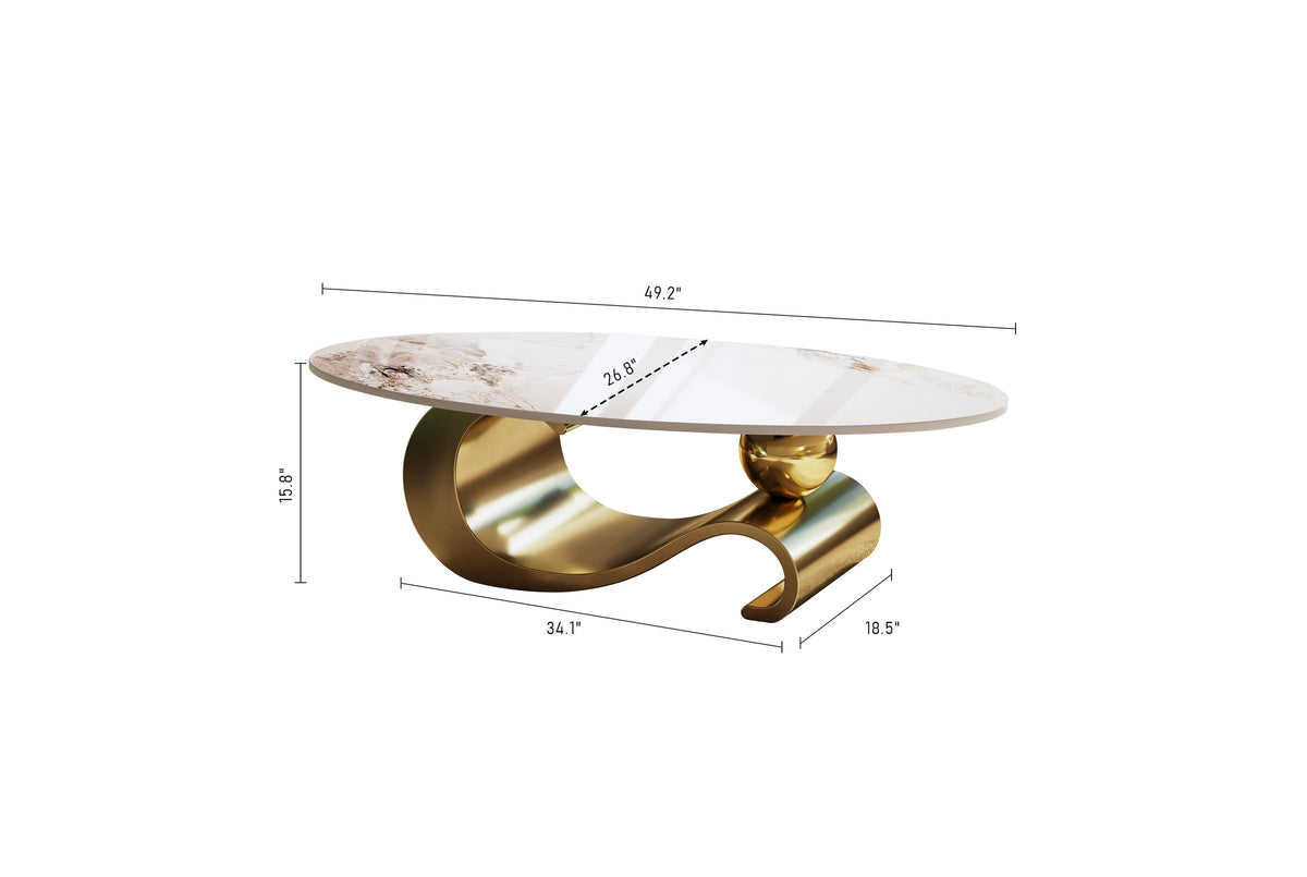 Ondina coffee table dimensions: 49.2 in long, 26.8 in wide, 15.8 in high; base 34.1 x 18.5 in