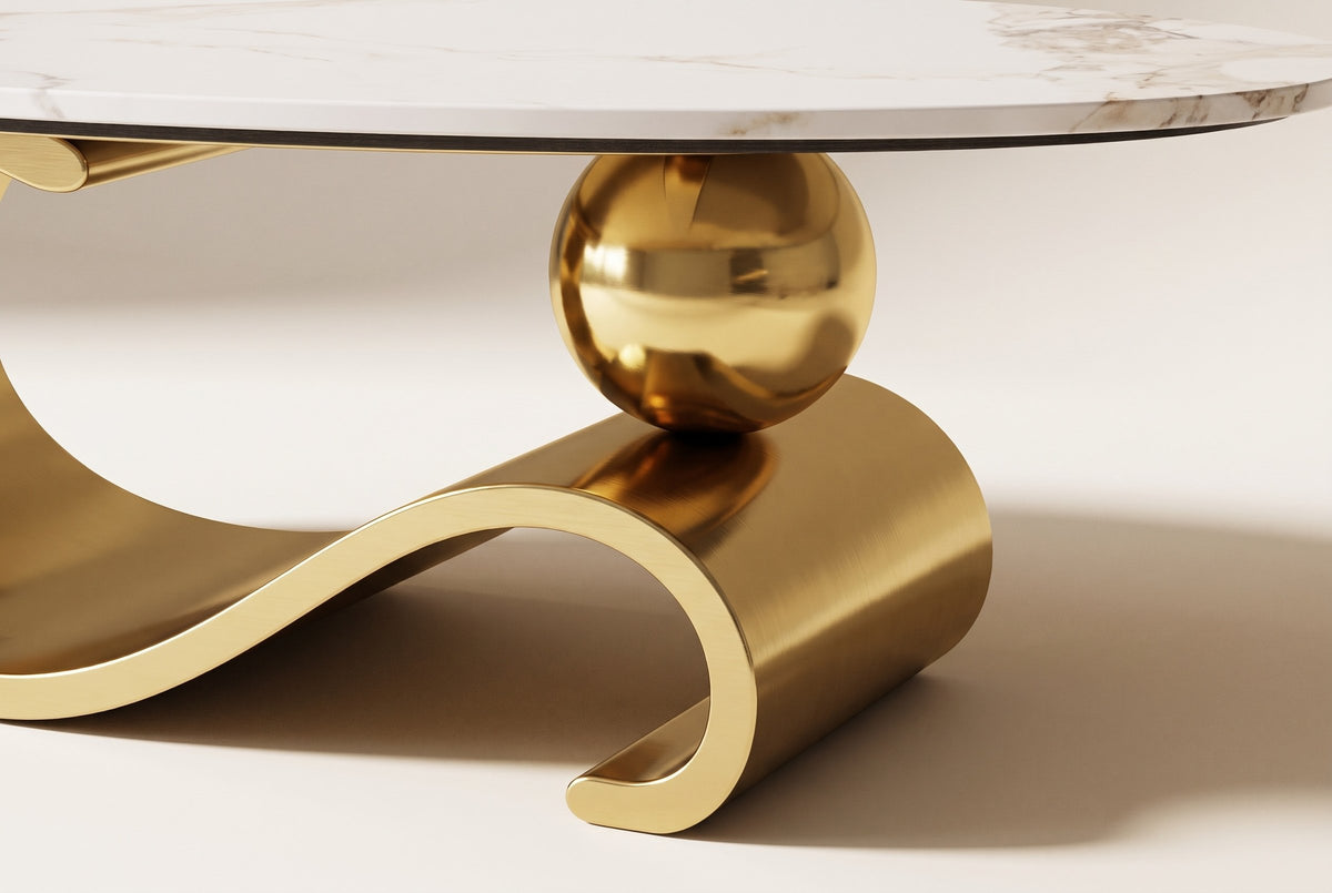 Close-up of the Ondina coffee table's base: the gold sphere resting on the ribbon where it rises from its wave, and the scroll at its end