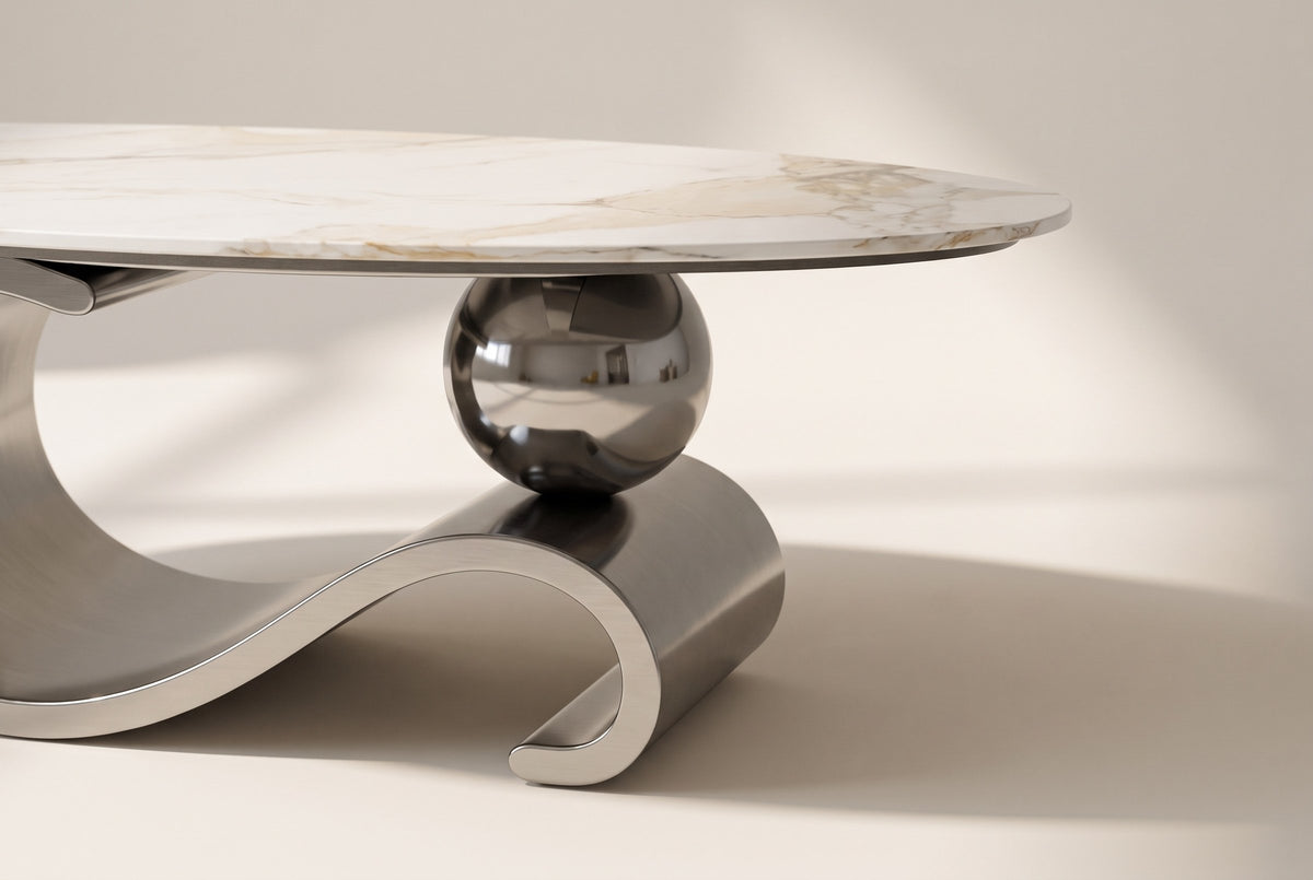 Close-up of the Gray Ondina coffee table's base: the polished sphere resting on the gray steel ribbon, and the scroll at its end