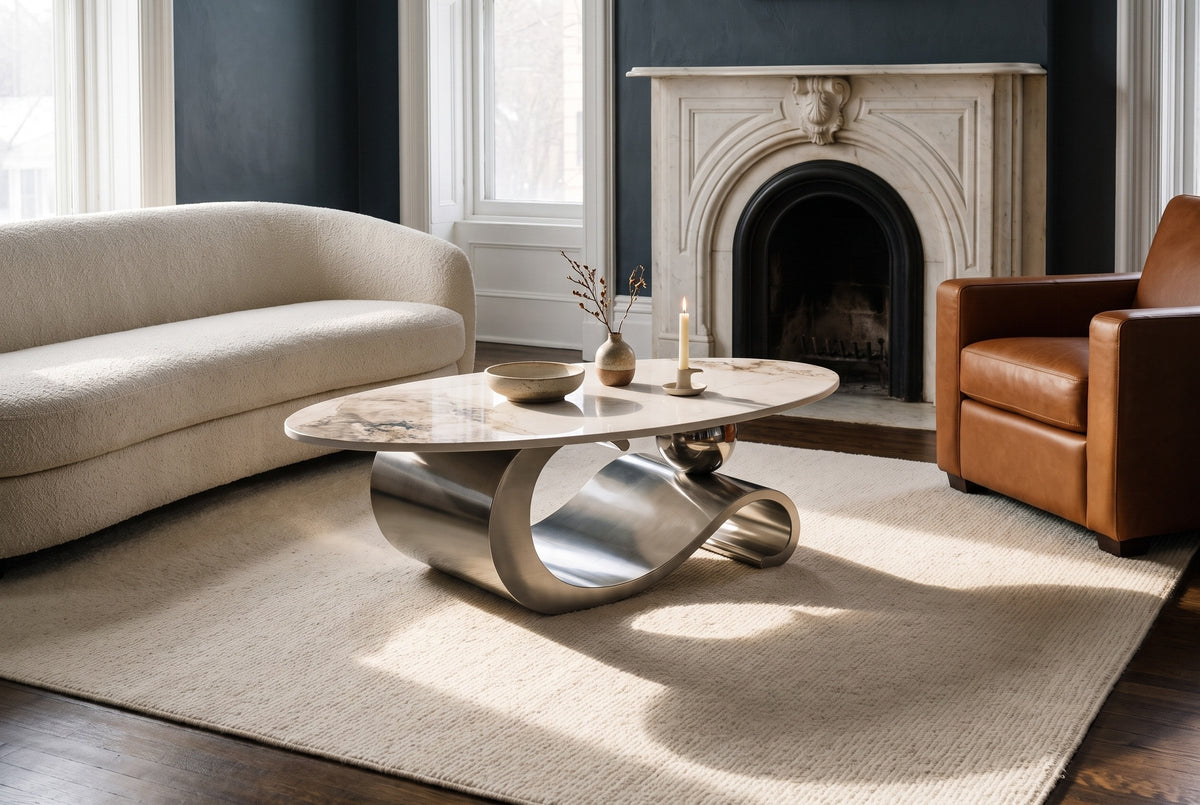 The Ondina coffee table in Gray on an ivory rug between an ivory boucle sofa and a cognac leather chair, in a blue-grey parlour with a white marble fireplace