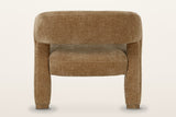 Opi accent chair from behind on a warm white studio backdrop: the curved back band over the seat