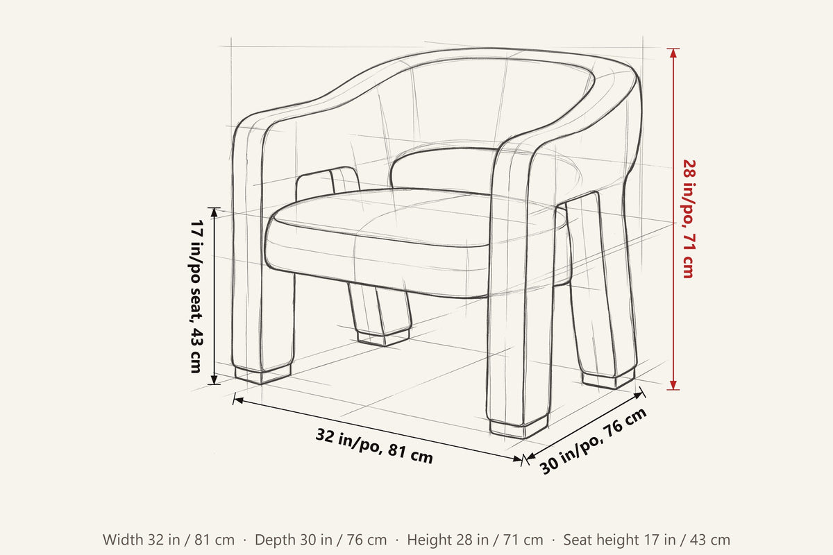 Opi dimensions on a pencil sketch of the chair: 32 in wide, 30 in deep, 28 in high, seat height 17 in