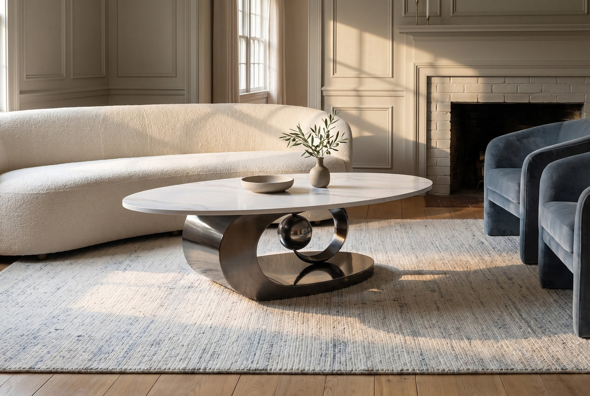 The Oriana coffee table in Gray on an ivory and blue-grey rug between a curved cream sofa and two slate-blue velvet armchairs, with greige panelled walls and a painted brick fireplace
