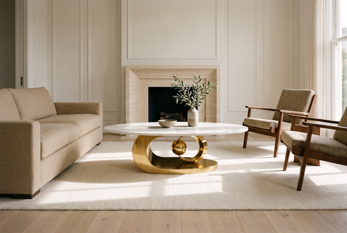 The Oriana coffee table on a cream rug between a sand linen sofa and two walnut lounge chairs, in a white-panelled living room with a pale travertine fireplace and wide oak floorboards