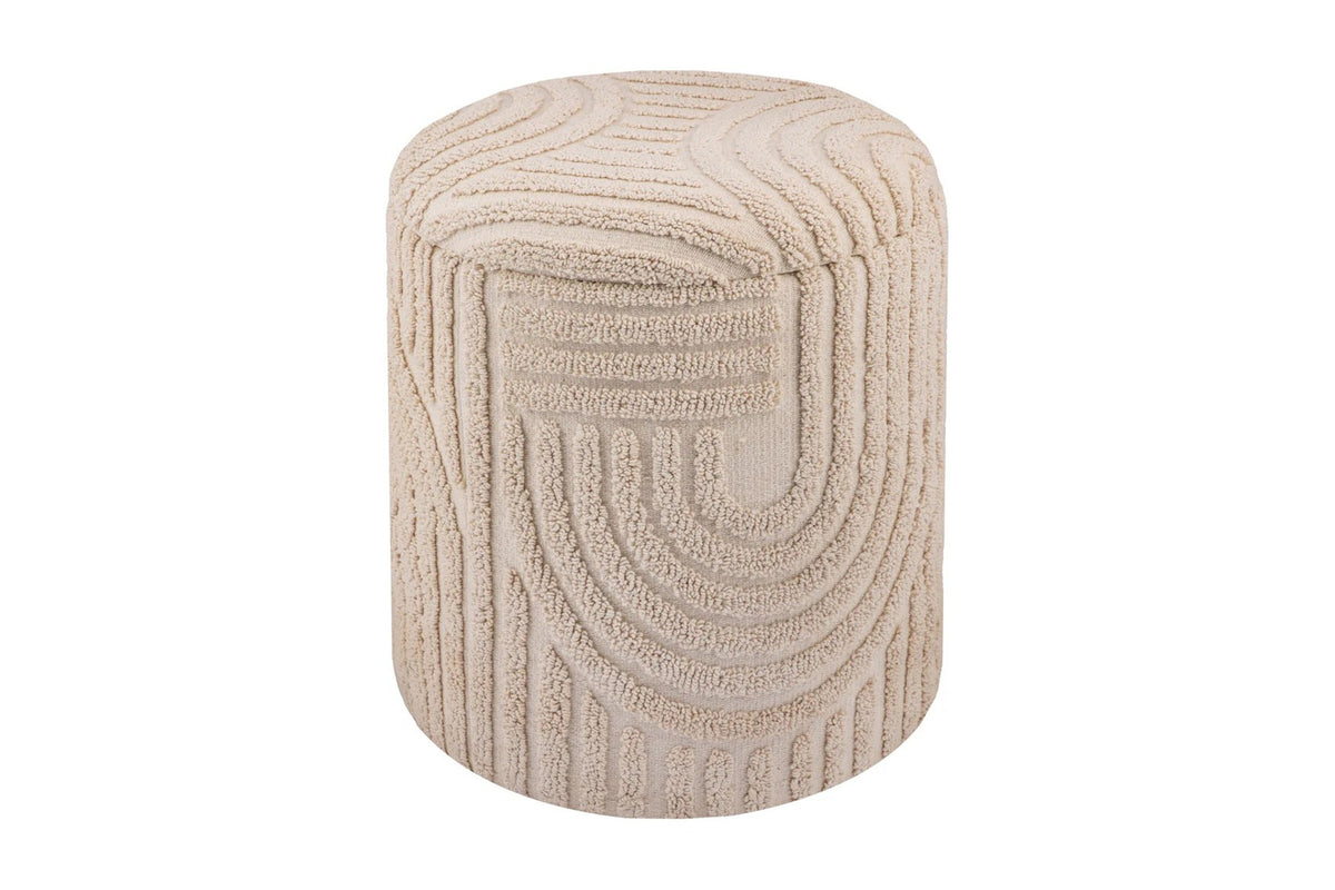 Orla round storage ottoman in sculpted beige cotton, front view