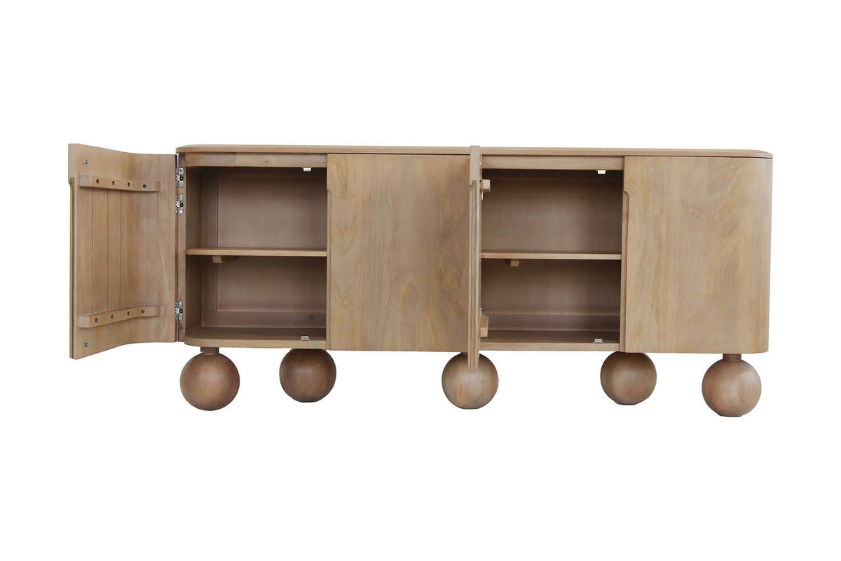 Orson mango wood sideboard with doors open to show interior shelves