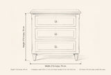 Ortona nightstand dimensions: 27.6 in wide, 27.6 in high, 15.8 in deep, 3 drawers each 20.4 x 11.8 x 3.4 in inside