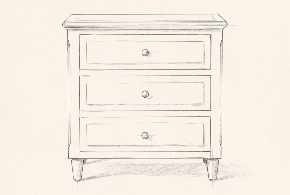 Pencil drawing of the Ortona nightstand traced from the front view