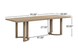 Orvieto dimensions: 95 in long, 39 in wide, 30 in high, 27.5 in under the top, 41 in between the bases